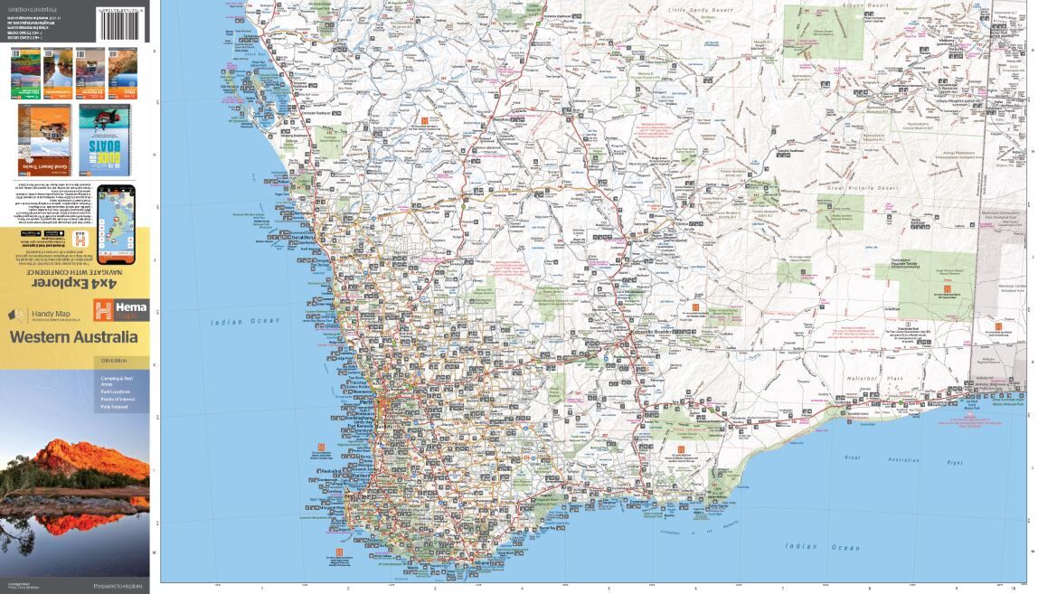 Hema Western Australia Handy Map showing the southern half of the state and the cover panel