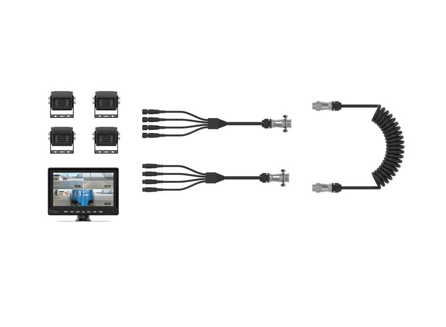 Example four-camera setup with quad monitor, Woza 4-channel connector cables and the HM-WOZCBL coiled cable (cameras and monitor not included)