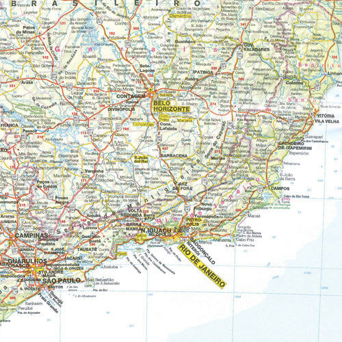 Close-up of the Hema Brazil map showing roads and towns around Rio de Janeiro, Sao Paulo and Belo Horizonte