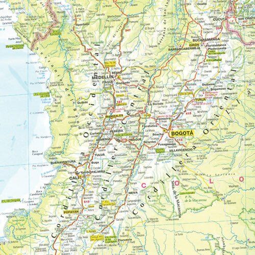Close-up of the Hema South America (North) map around Bogota, Medellin and Cali in Colombia