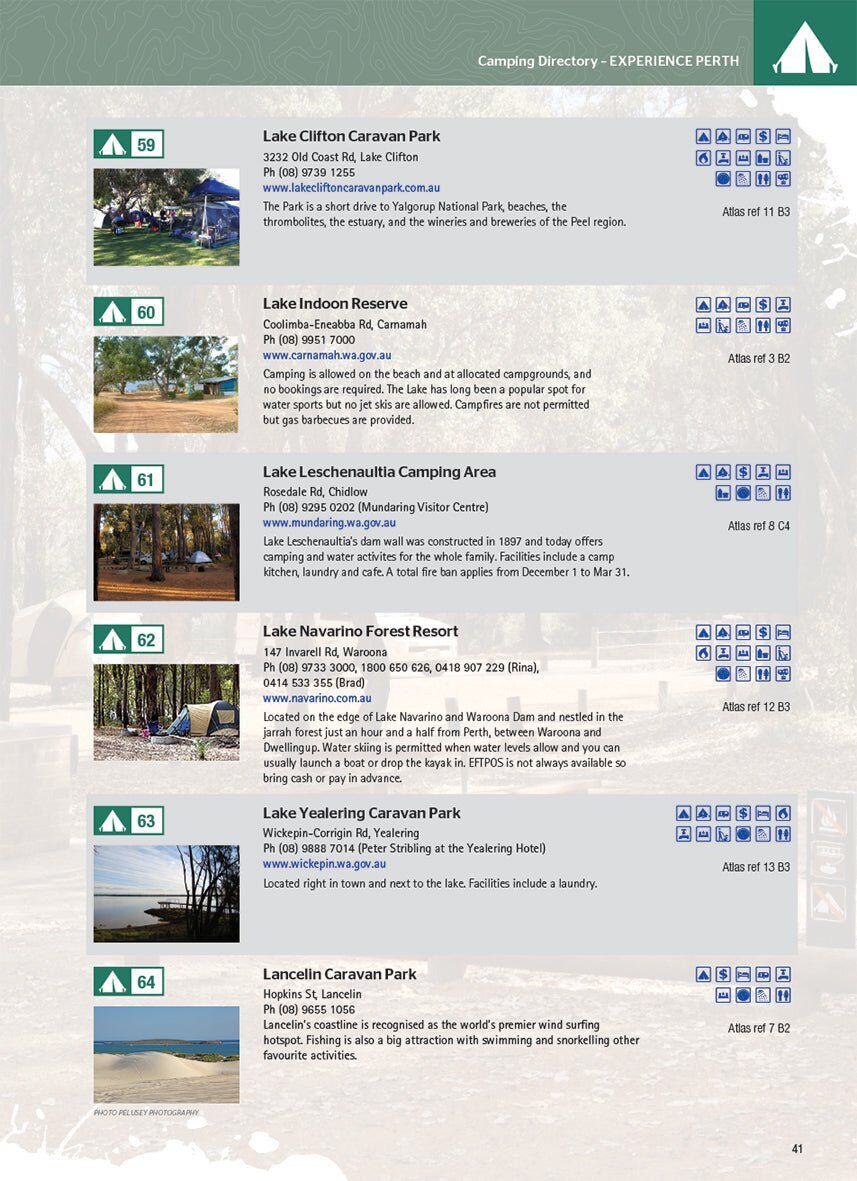 Hema 4WD + Camping Escapes camping directory page for the Perth region with photos and facility icons