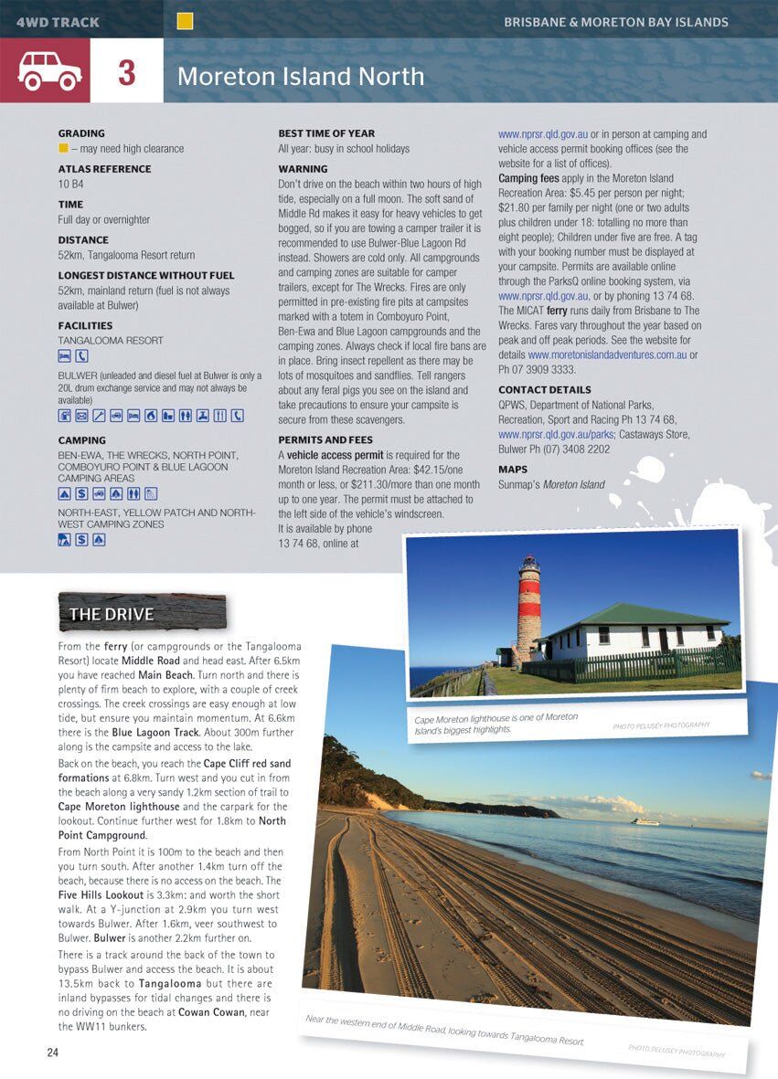 Hema 4WD + Camping Escapes track page for Moreton Island North with grading, permits and the drive