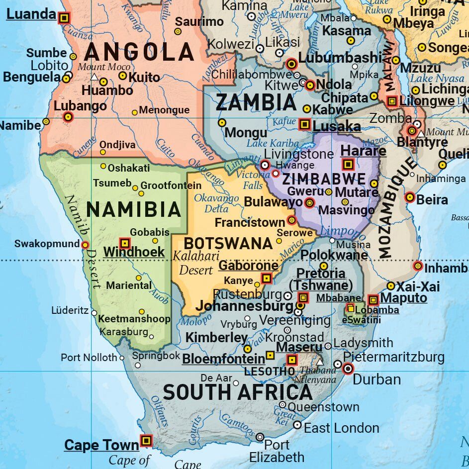 Close-up of the Hema World & Flags map showing southern Africa