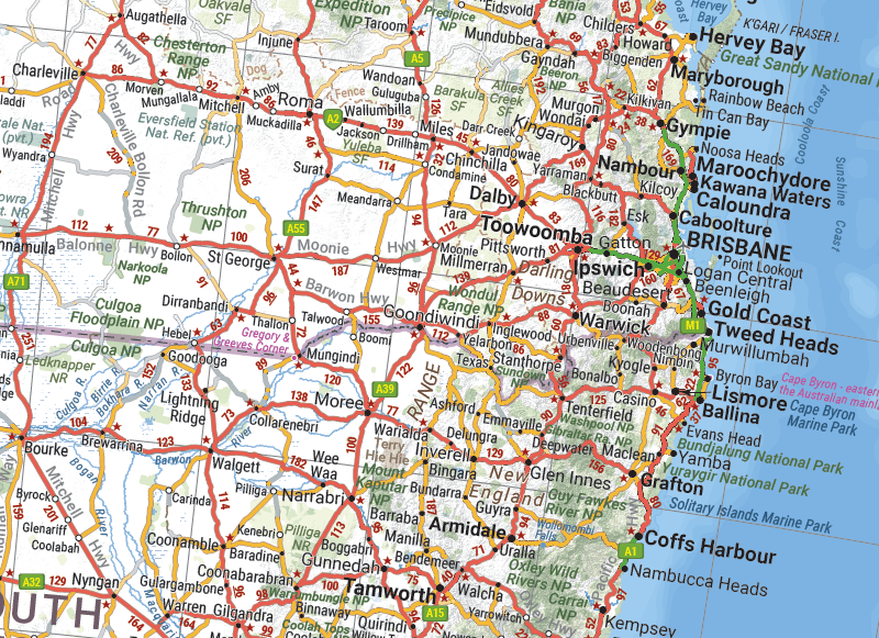 Close-up of the Hema Australia wall map around Brisbane and the Gold Coast