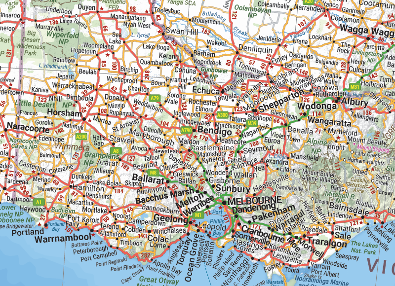 Close-up of the Hema Australia wall map showing roads, towns and distances in Victoria