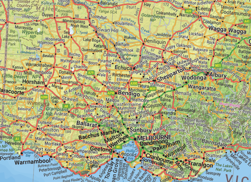 Close-up of the Hema Road & Terrain wall map showing terrain colouring and roads in Victoria