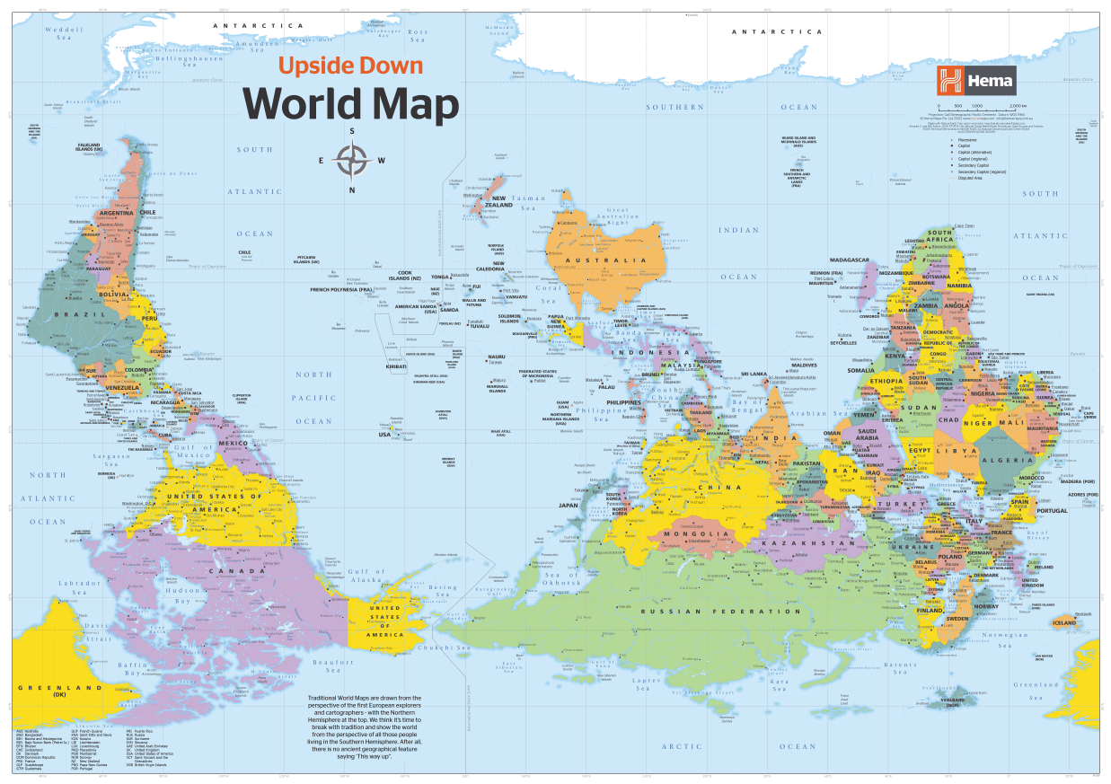 Hema Upside Down World Map with Antarctica at the top and Australia in the upper half