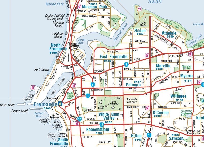 Close-up of the Hema Fremantle map with streets, suburbs and postcodes