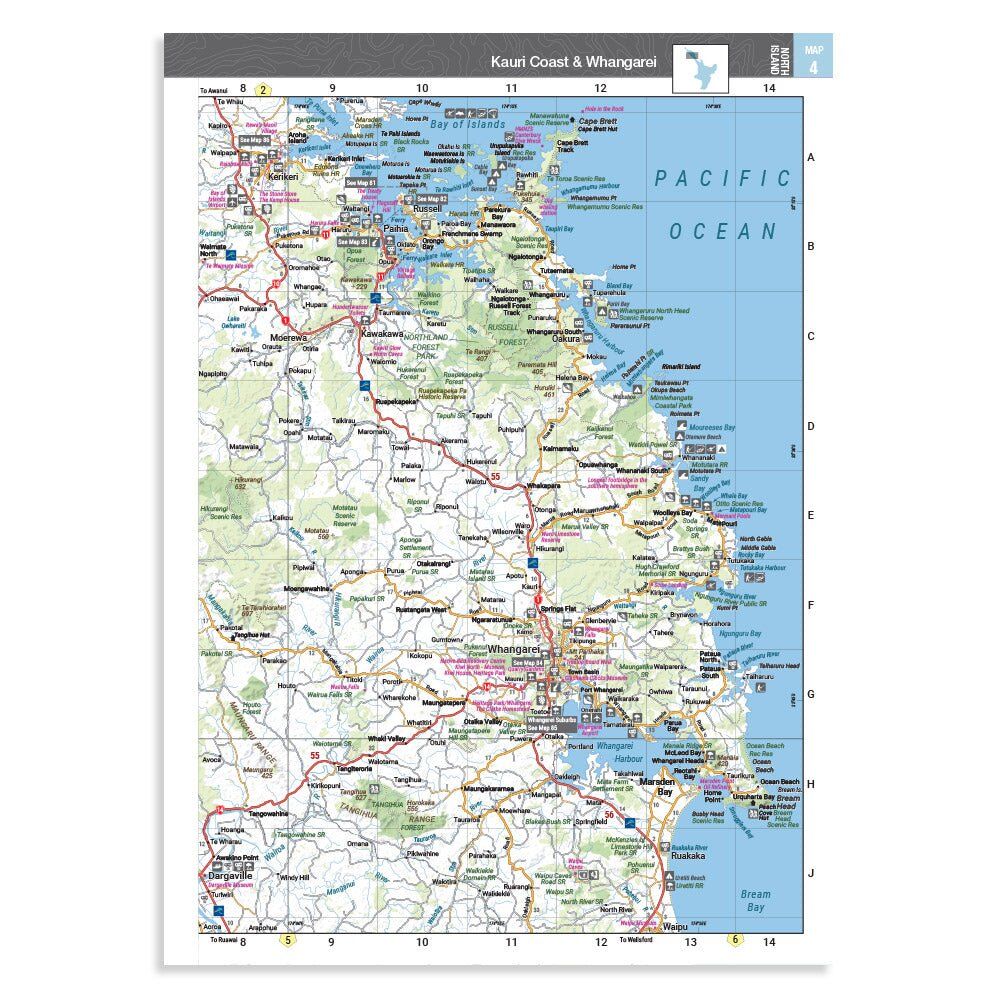 Hema New Zealand atlas touring map page for the Kauri Coast and Whangarei