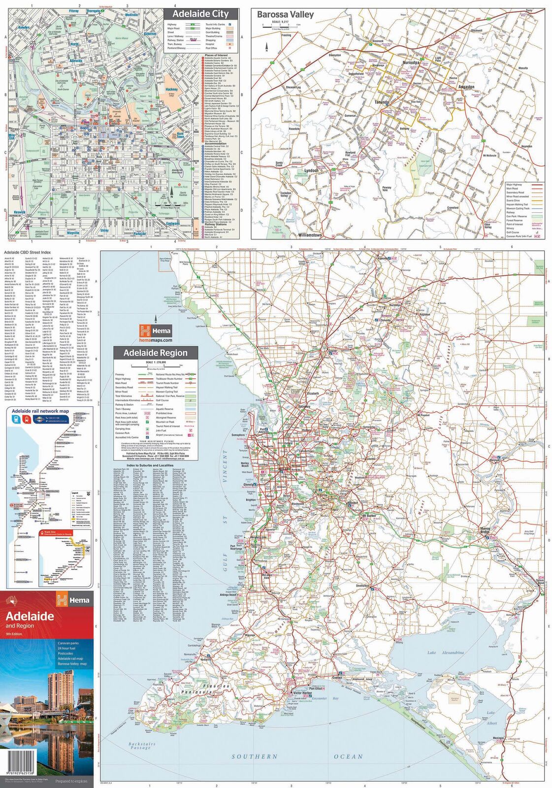 Reverse of the Hema Adelaide map with the city centre, Barossa Valley, rail network and regional maps