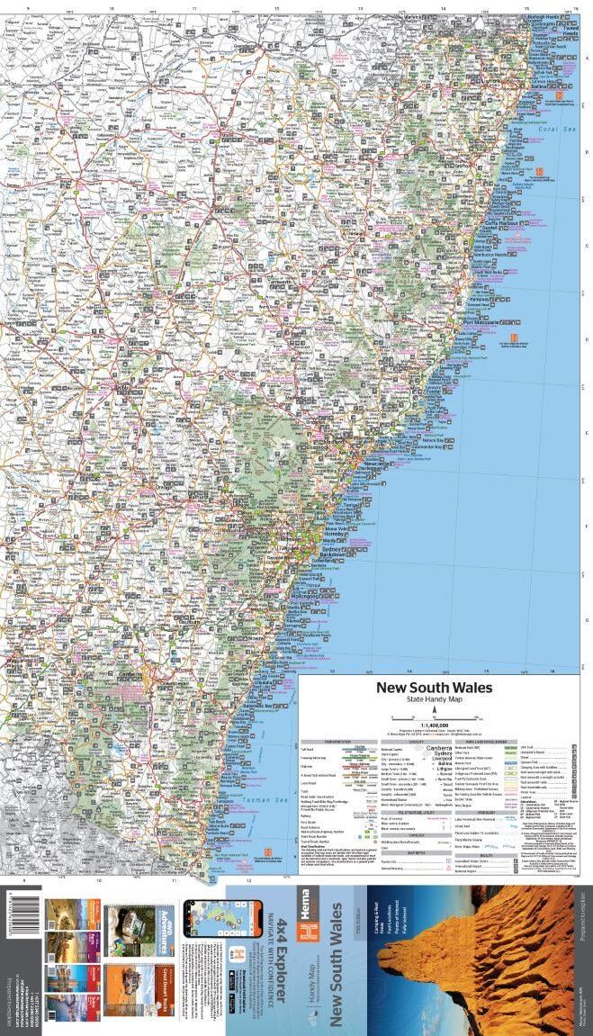 Full sheet of the Hema New South Wales Handy Map with legend and fold panels