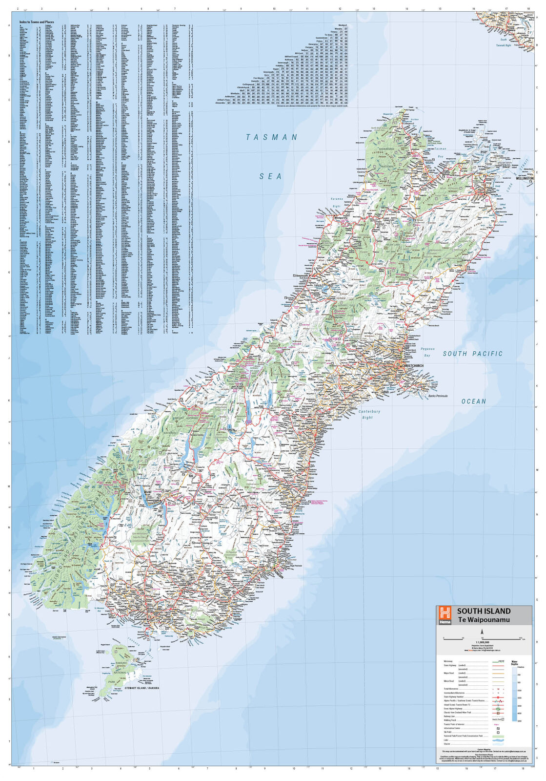Full main side of the Hema South Island map with index and legend