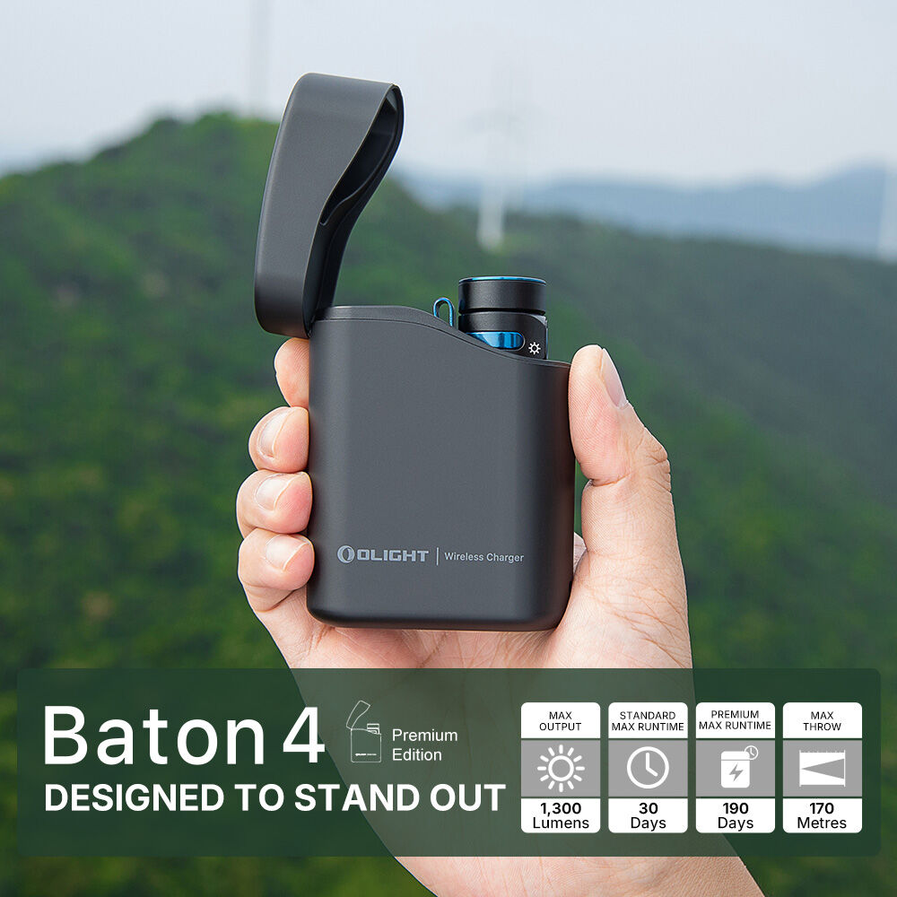 Olight Baton 4 Premium Edition in Black held in hand, 1,300 lumens, 170 m throw, up to 190 days with the case