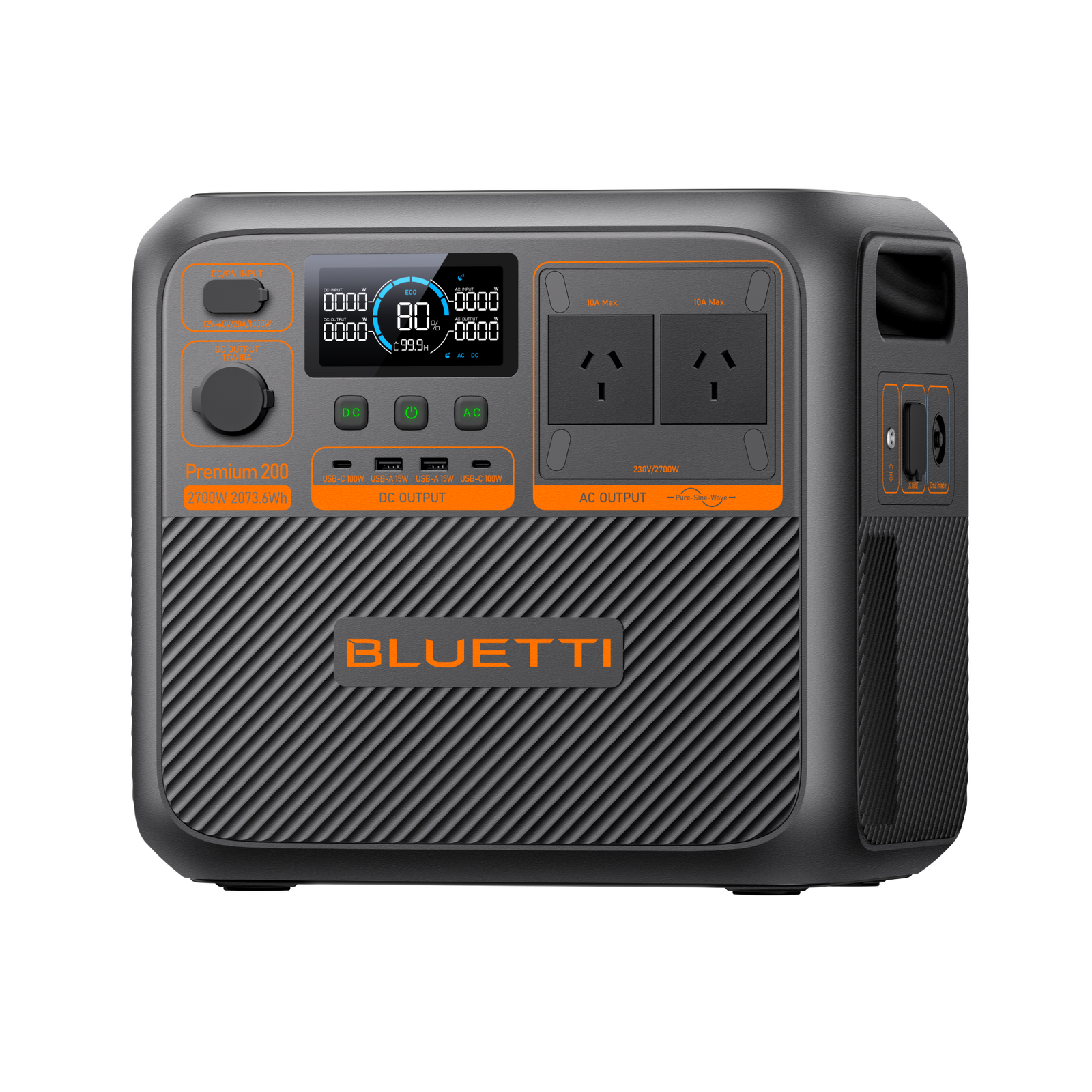 BLUETTI Premium 200 V2 portable power station with orange front panel, angled view