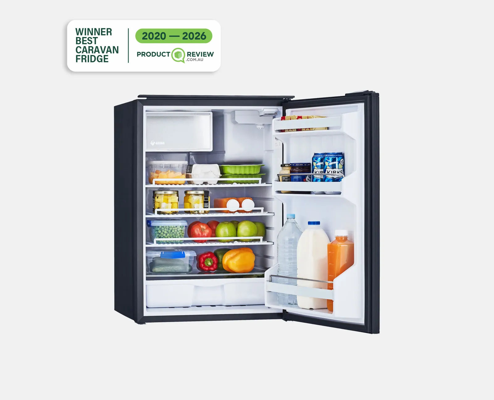 Bushman DC130-X 130L upright fridge open and stocked