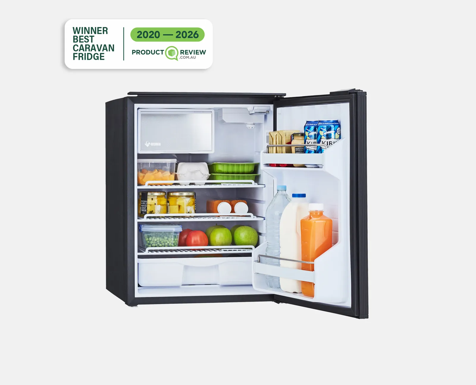 Bushman DC85-X 85L upright fridge open and stocked