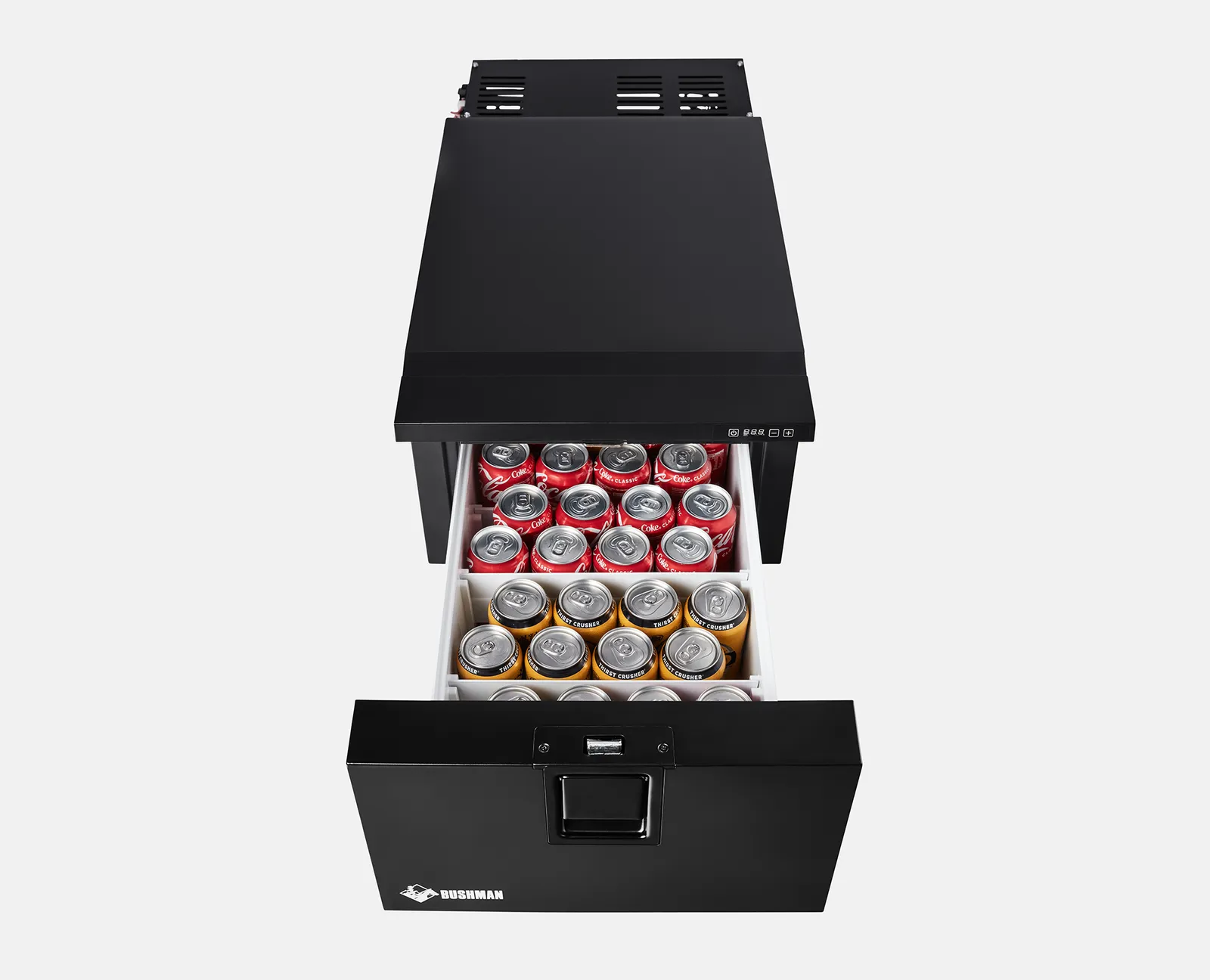 Bushman DF30-HD drawer open with 375ml cans standing upright