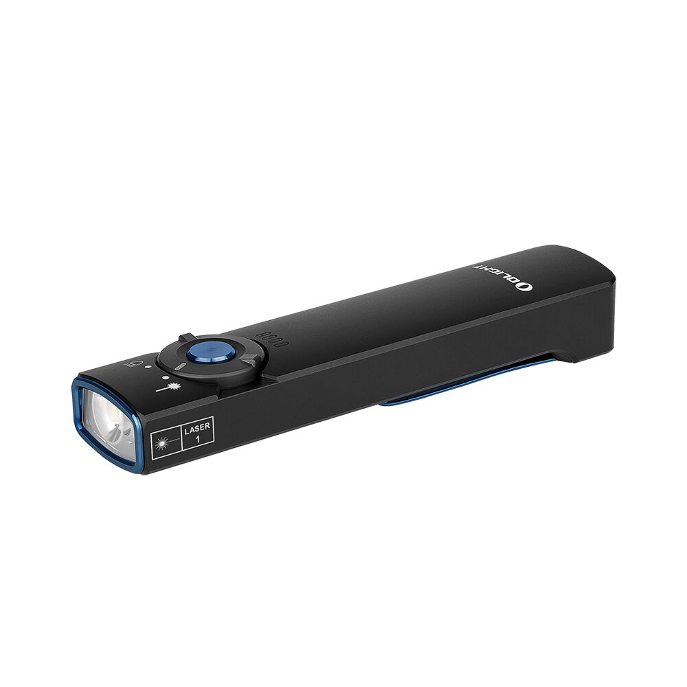 Olight Arkfeld in black showing the LED, laser and selector