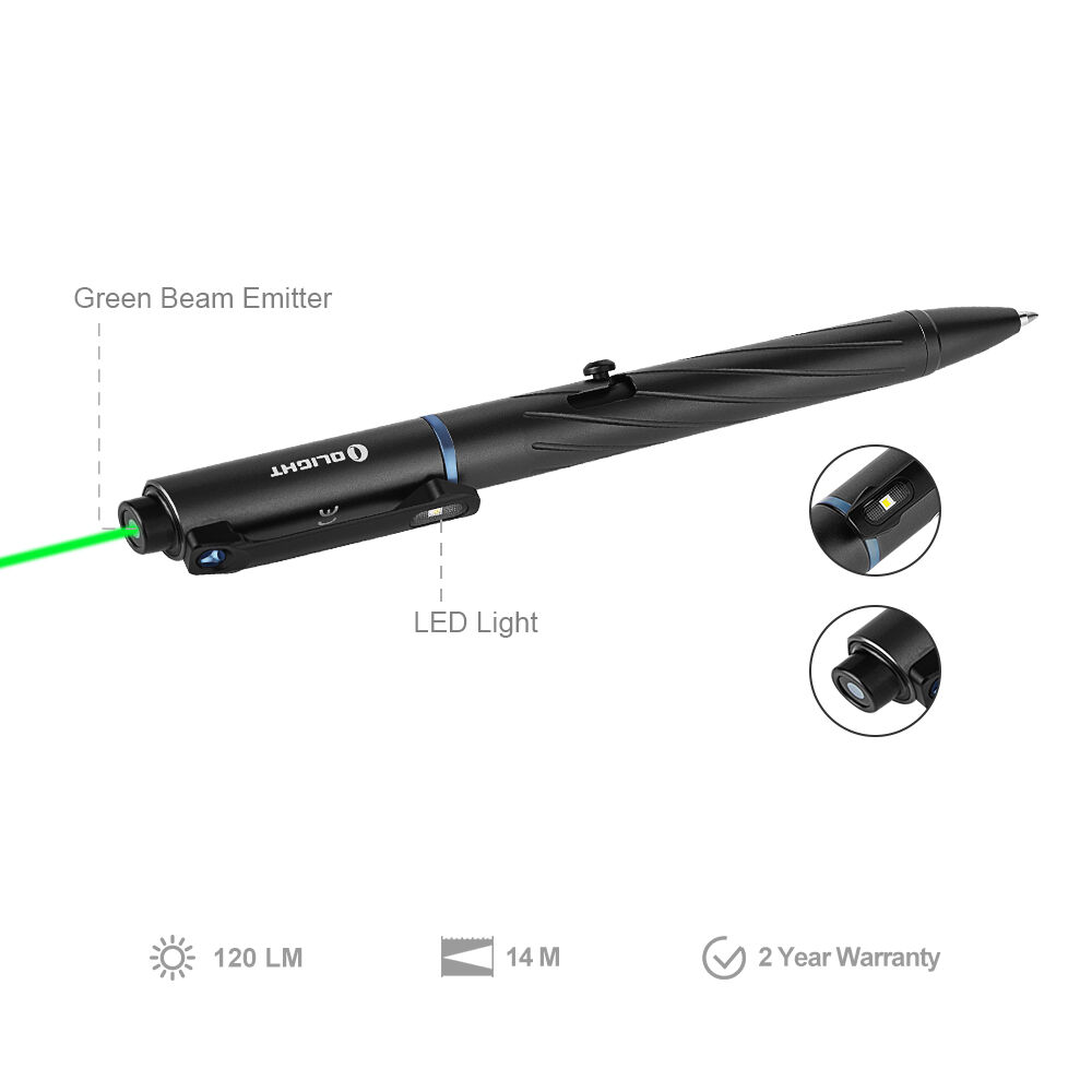 Olight Open Pro in black showing the green beam emitter and LED light, 120 lumens, 14 m