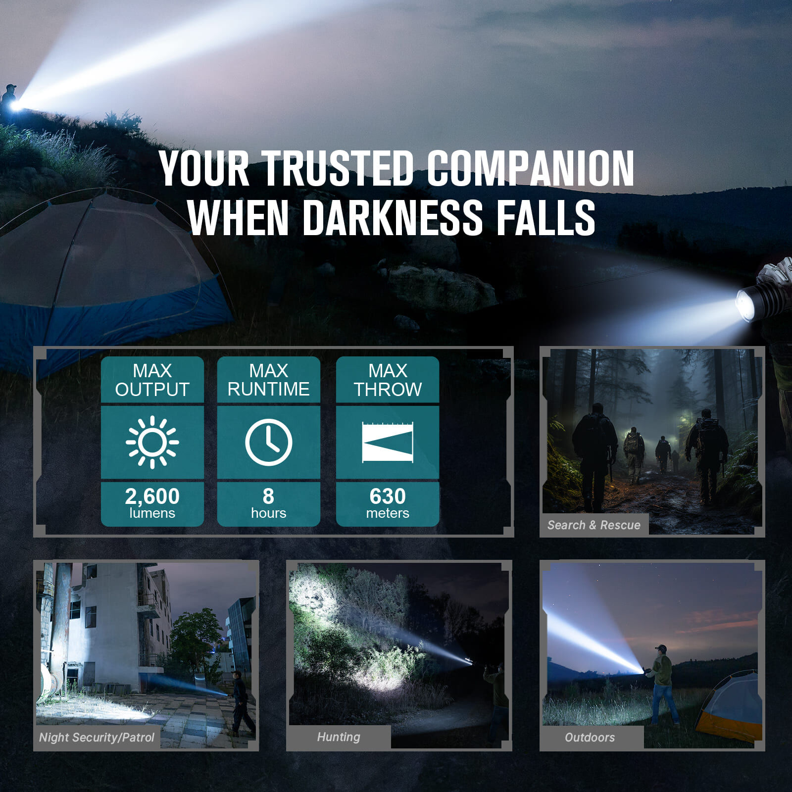 Olight Warrior X 4: 2,600 lumens, 8 hours max runtime, 630 m throw
