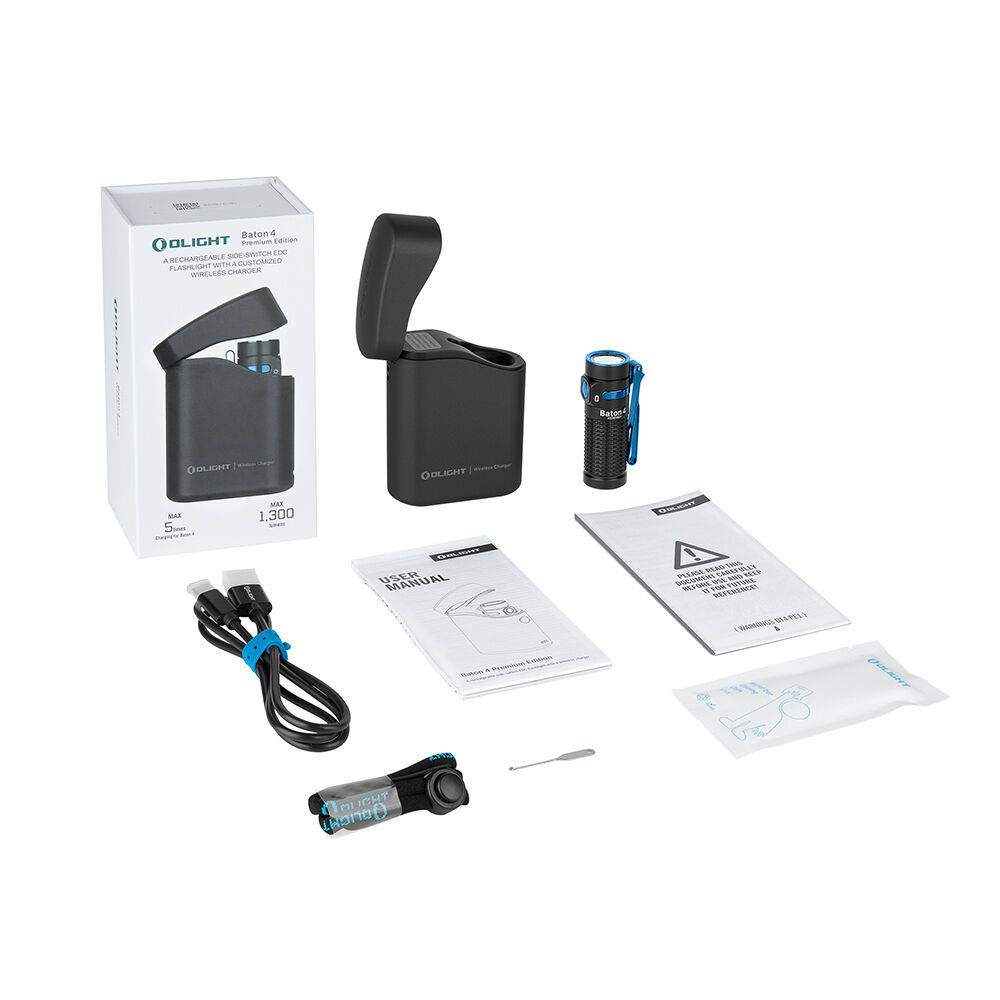Olight Baton 4 Premium Edition in Black unboxed with torch, charging case, cable, lanyard and manual