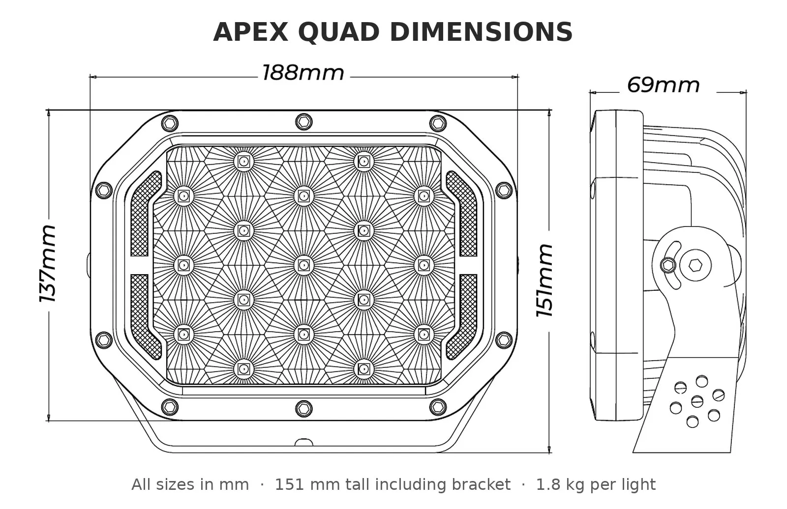 Apex Quad dimensions: 188 mm wide, 137 mm tall, 151 mm with bracket, 69 mm deep