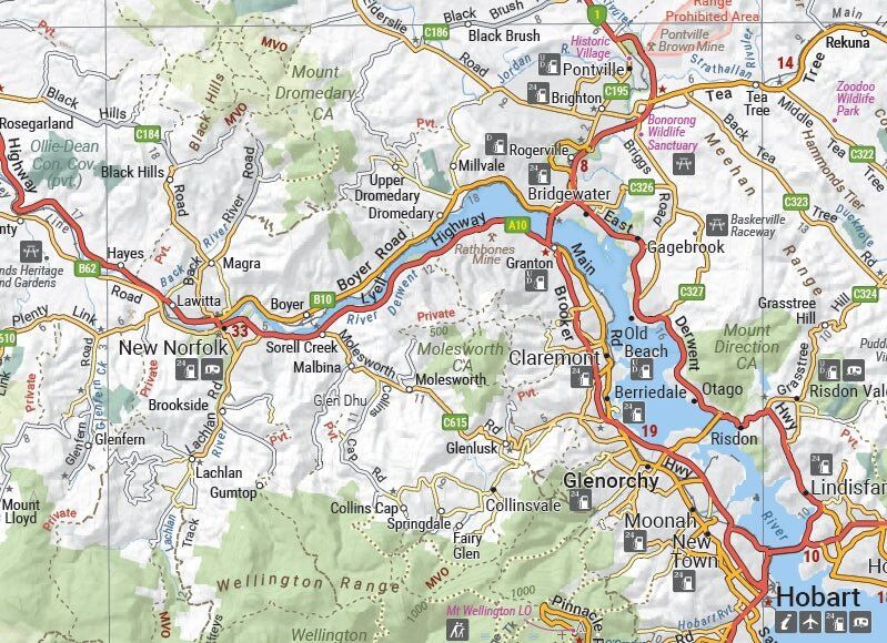 Close-up of the Hema Hobart map showing New Norfolk, Glenorchy and the Derwent Valley with fuel and caravan park symbols