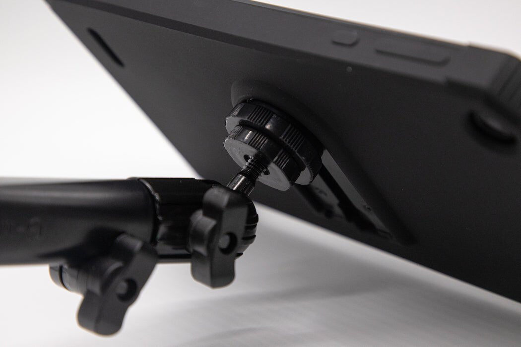Close-up of the Hema windscreen mount joint and locking knobs on the back of the HX-2