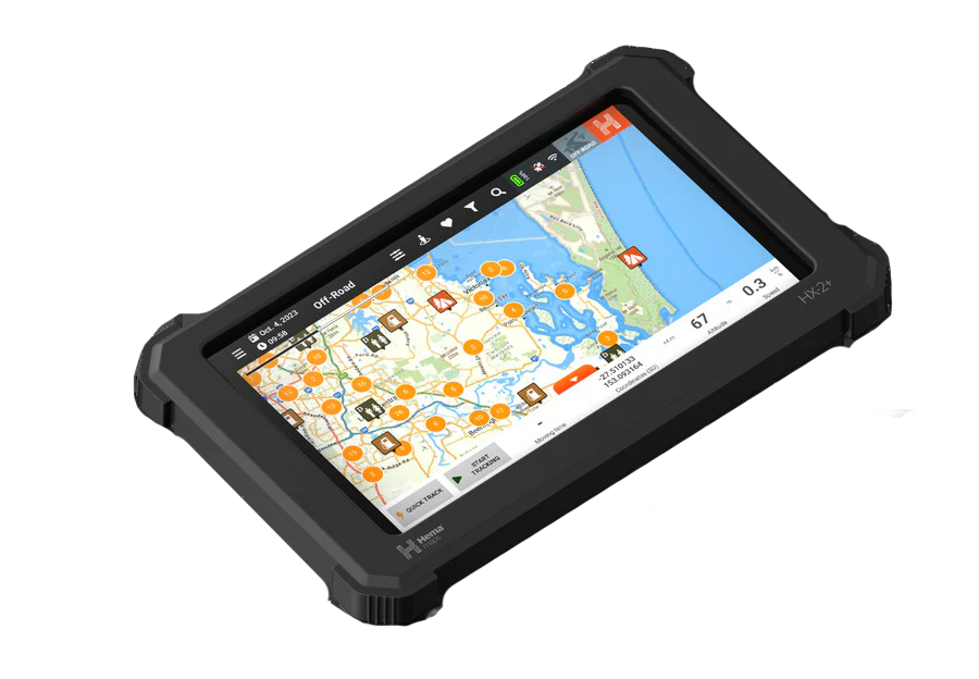 Hema HX-2+ navigator fitted with the ruggedised silicone case, showing a map screen