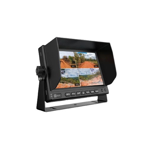 Hema HM-MNT monitor on its U-shape bracket with the sun visor fitted