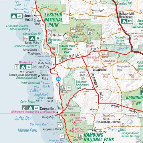 Hema map detail of Jurien Bay, Cervantes and Nambung National Park with camping and 4WD symbols