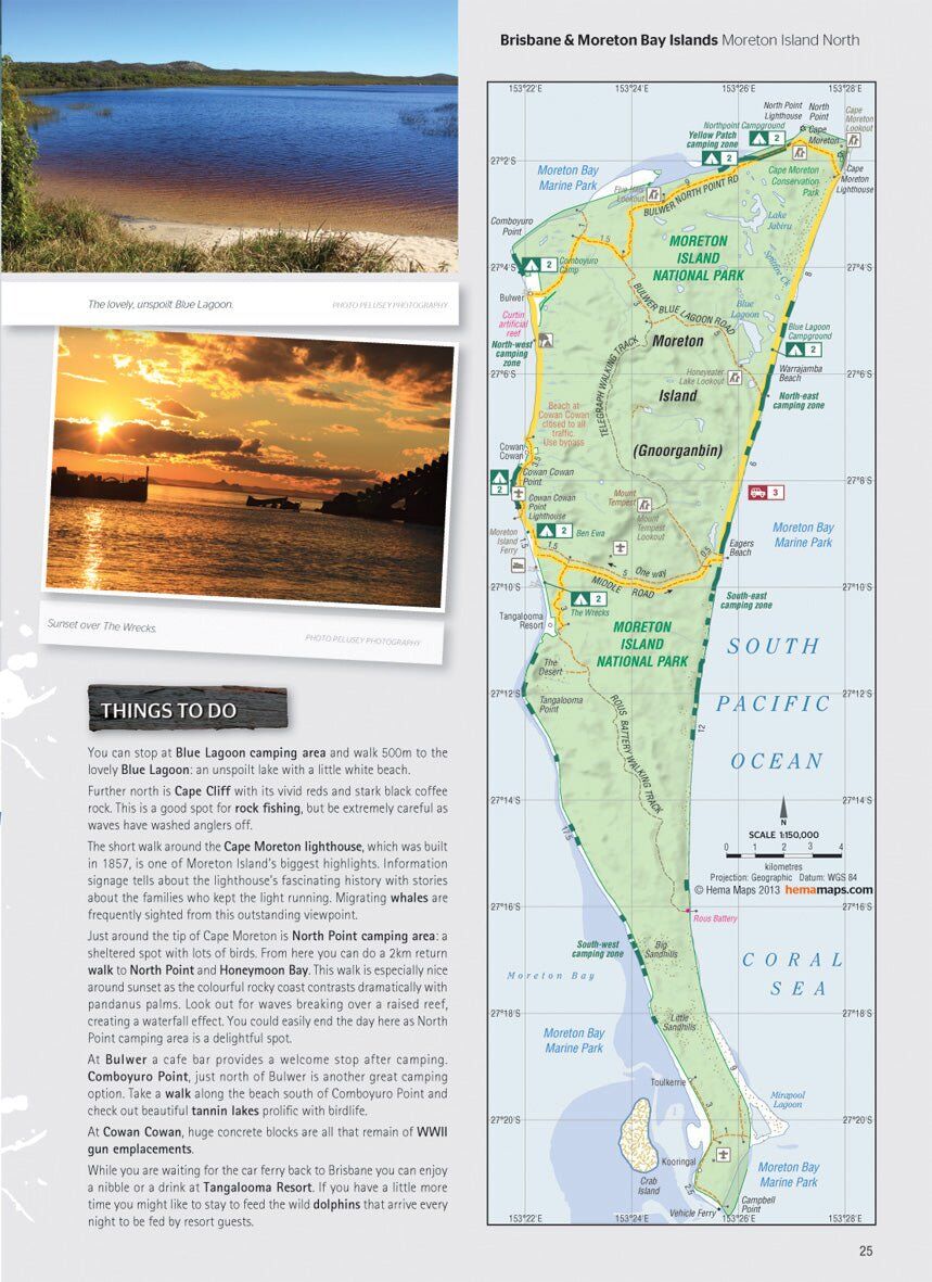 Hema 4WD + Camping Escapes pages for Moreton Island with things to do and a detailed island map