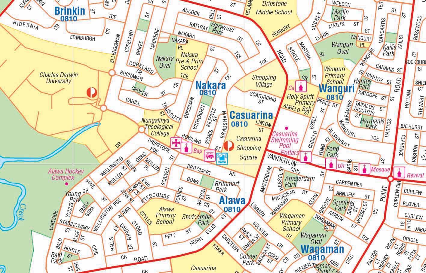 Close-up of the Hema Darwin map around Casuarina, Nakara and Wanguri with postcodes and shopping centres