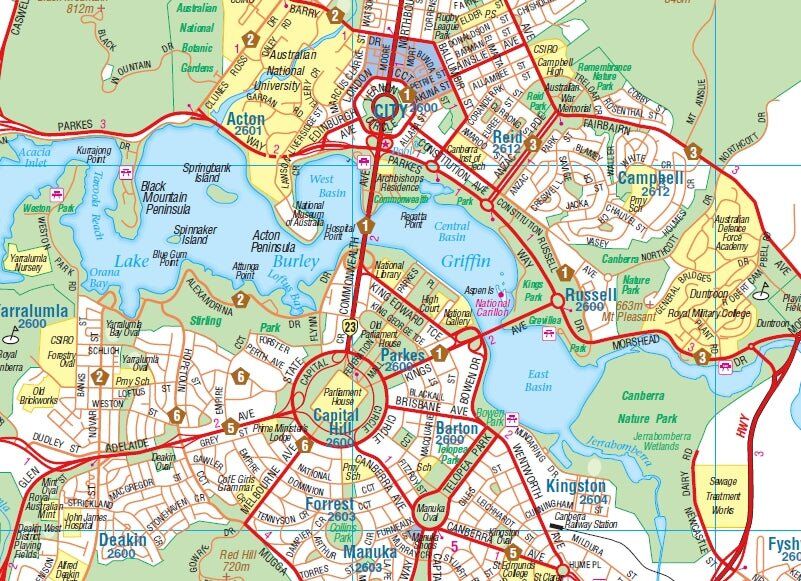 Close-up of the Hema Canberra map around Lake Burley Griffin, Parkes and Capital Hill