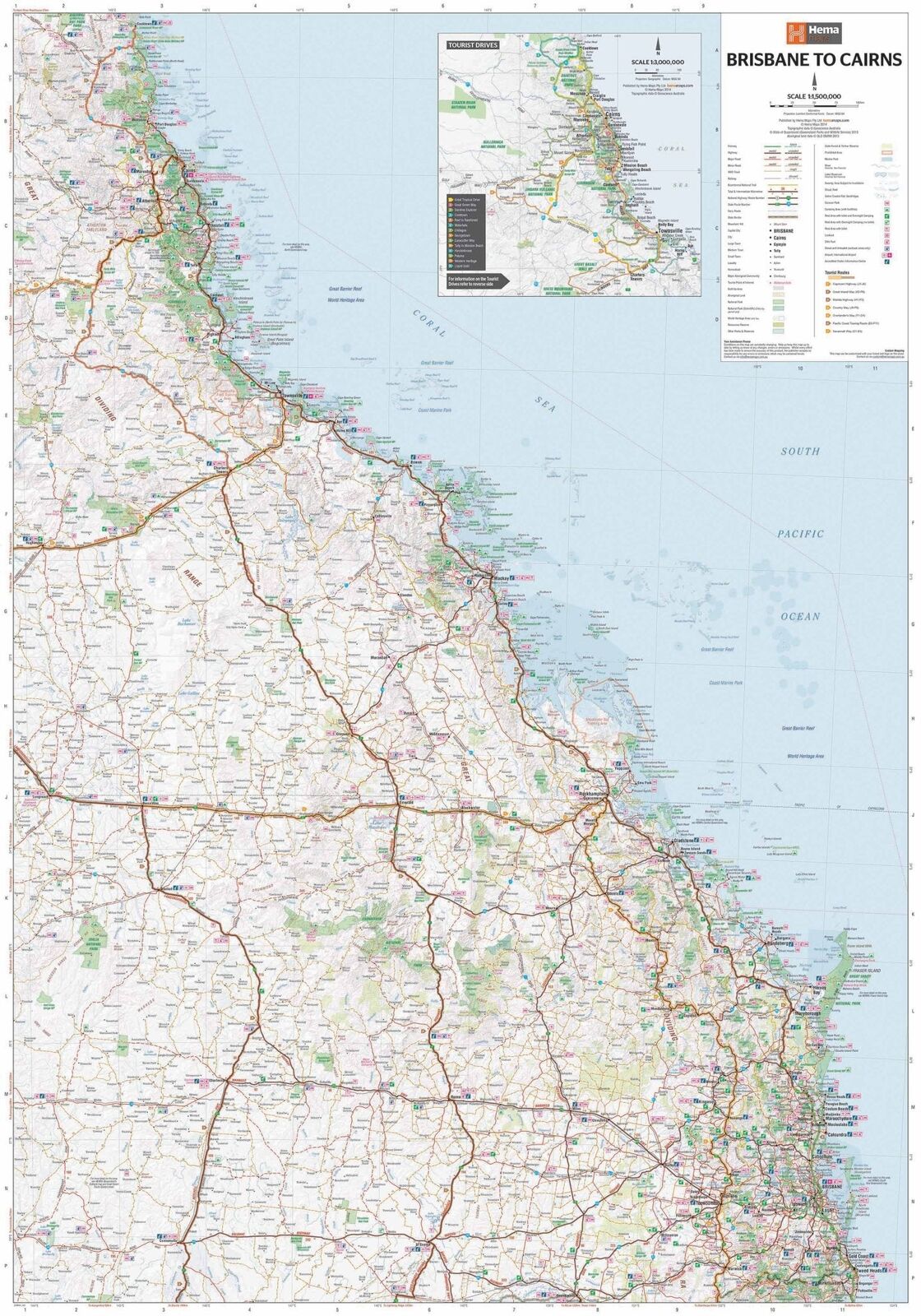 Hema Brisbane to Cairns main map covering the Queensland coast and hinterland