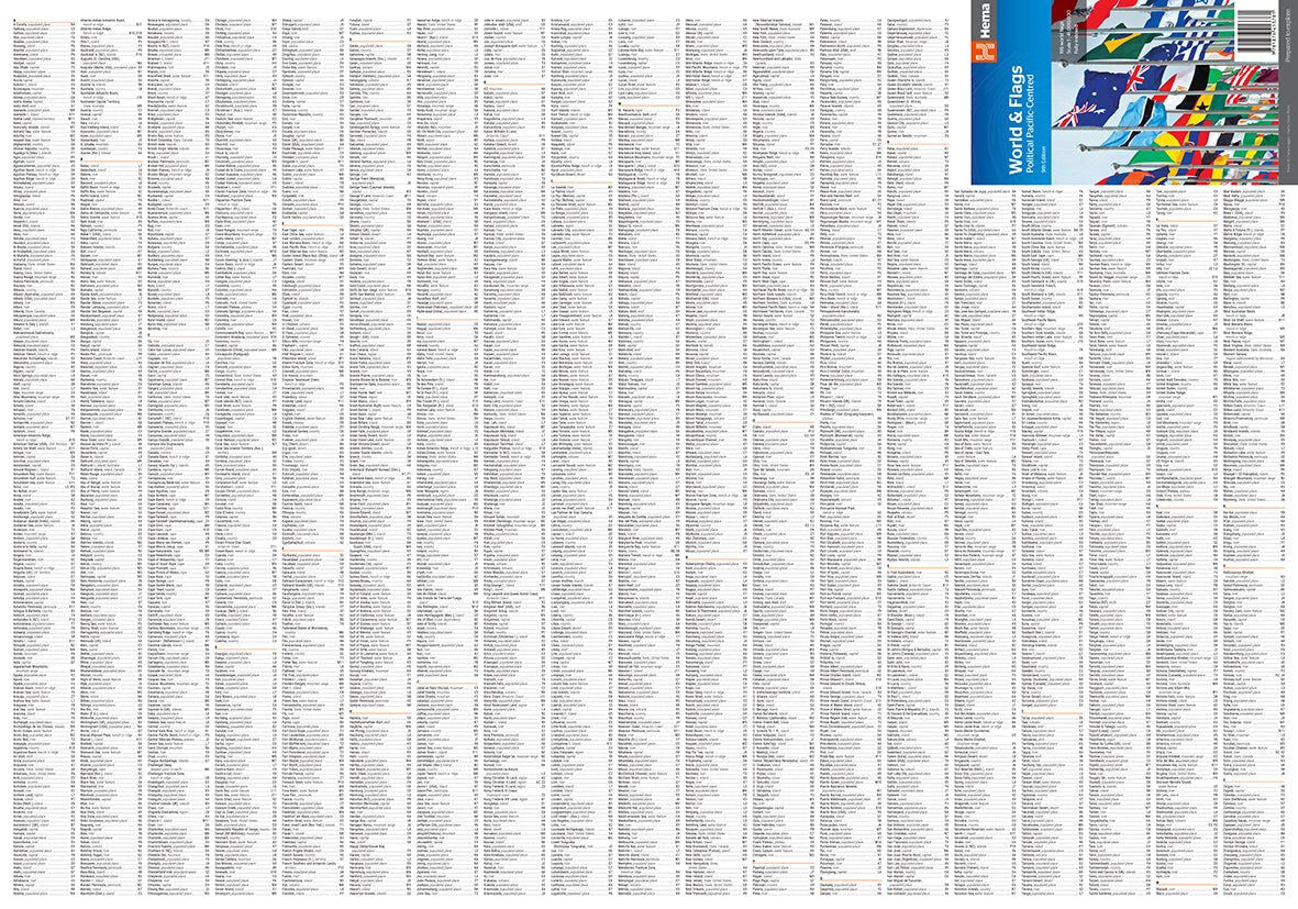 Index side of the Hema World & Flags Map with the folded cover panel