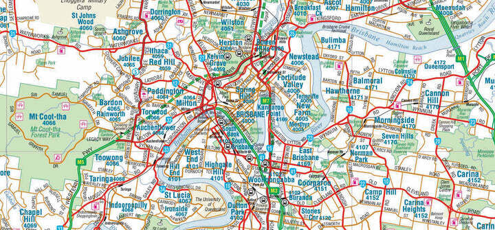 Close-up of the Hema Brisbane map showing inner suburbs, postcodes and main roads around the Brisbane River