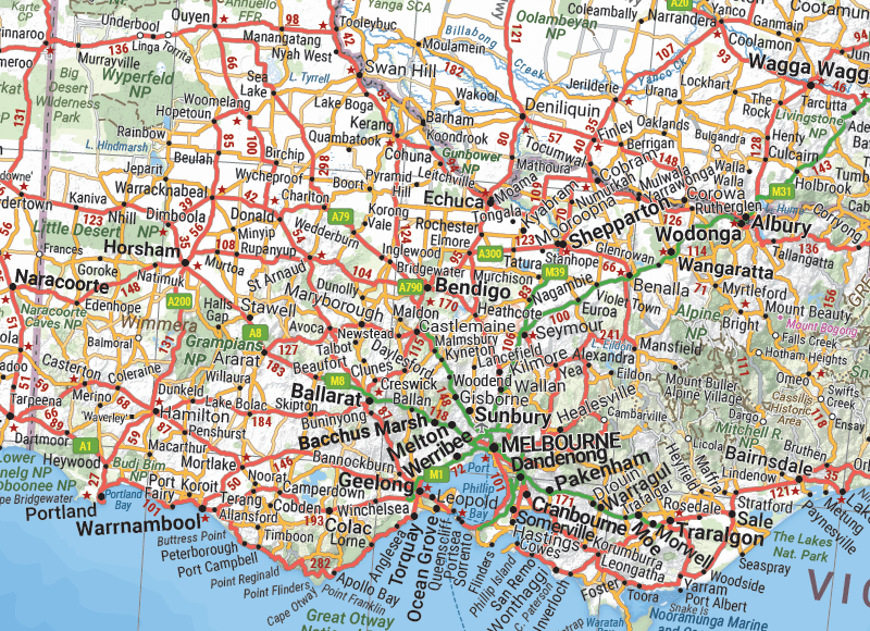 Close-up of the Hema Australia wall map showing roads, towns and distances in Victoria
