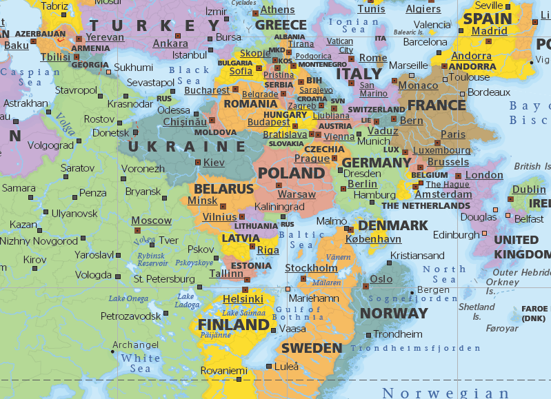 Close-up of the Hema Upside Down World Map showing Europe upside down with Scandinavia at the bottom