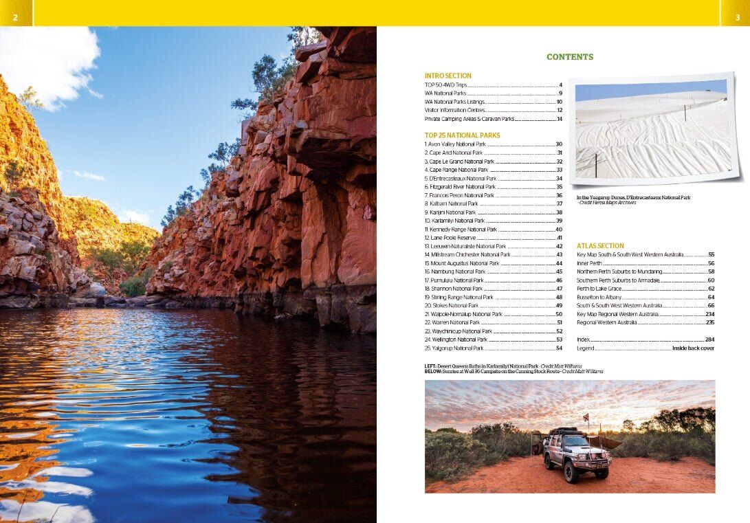 Contents pages of the Hema Western Australia atlas beside a photo of a gorge