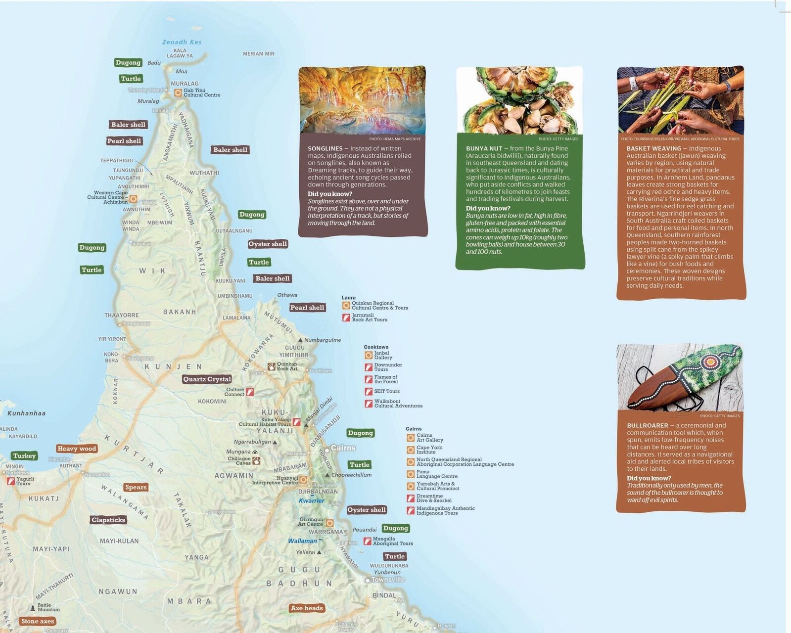 Close-up of the Indigenous Journeys map over Cape York with traded items, language areas and cultural centres