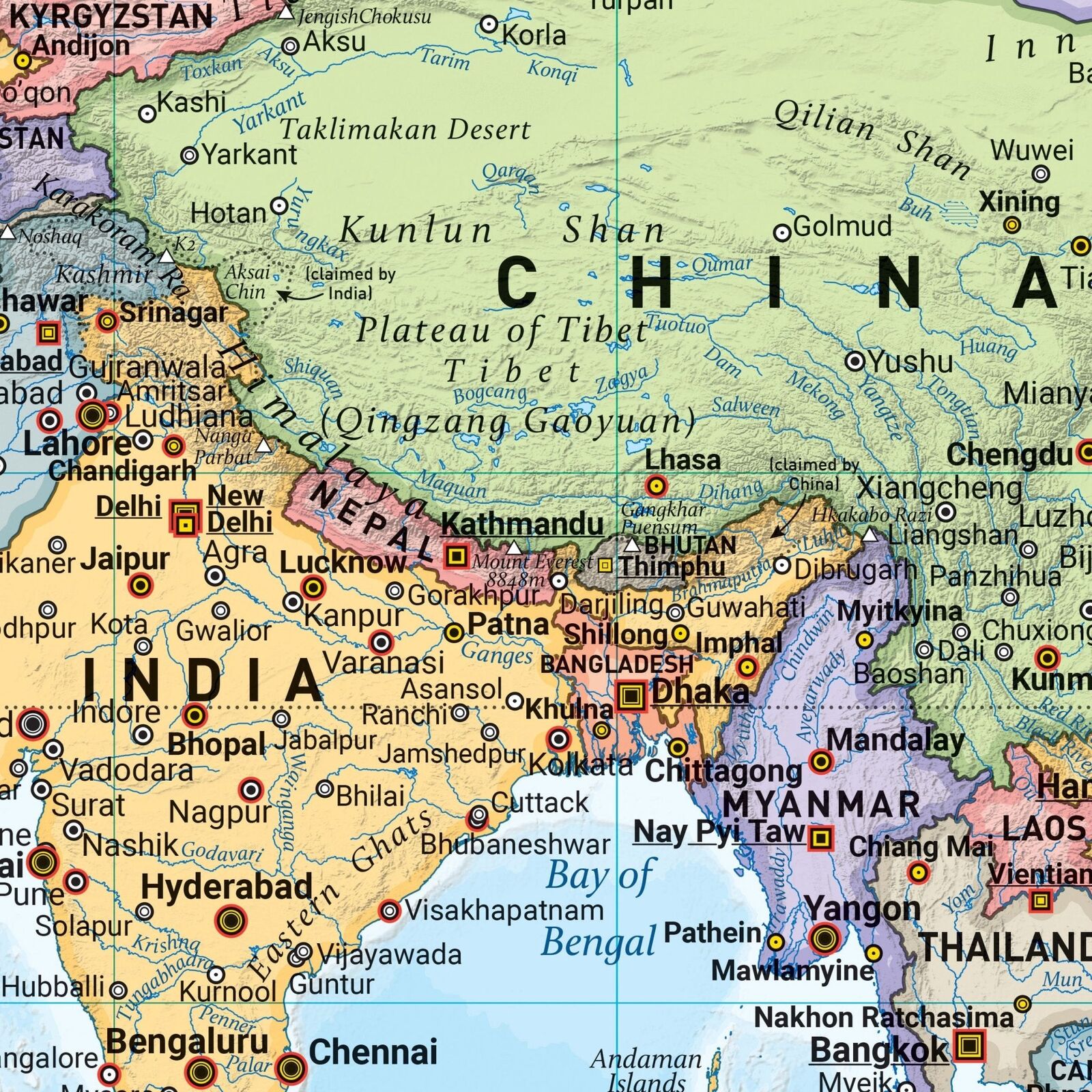 Close-up of the Hema World Political map showing China, India, Nepal and South-East Asia