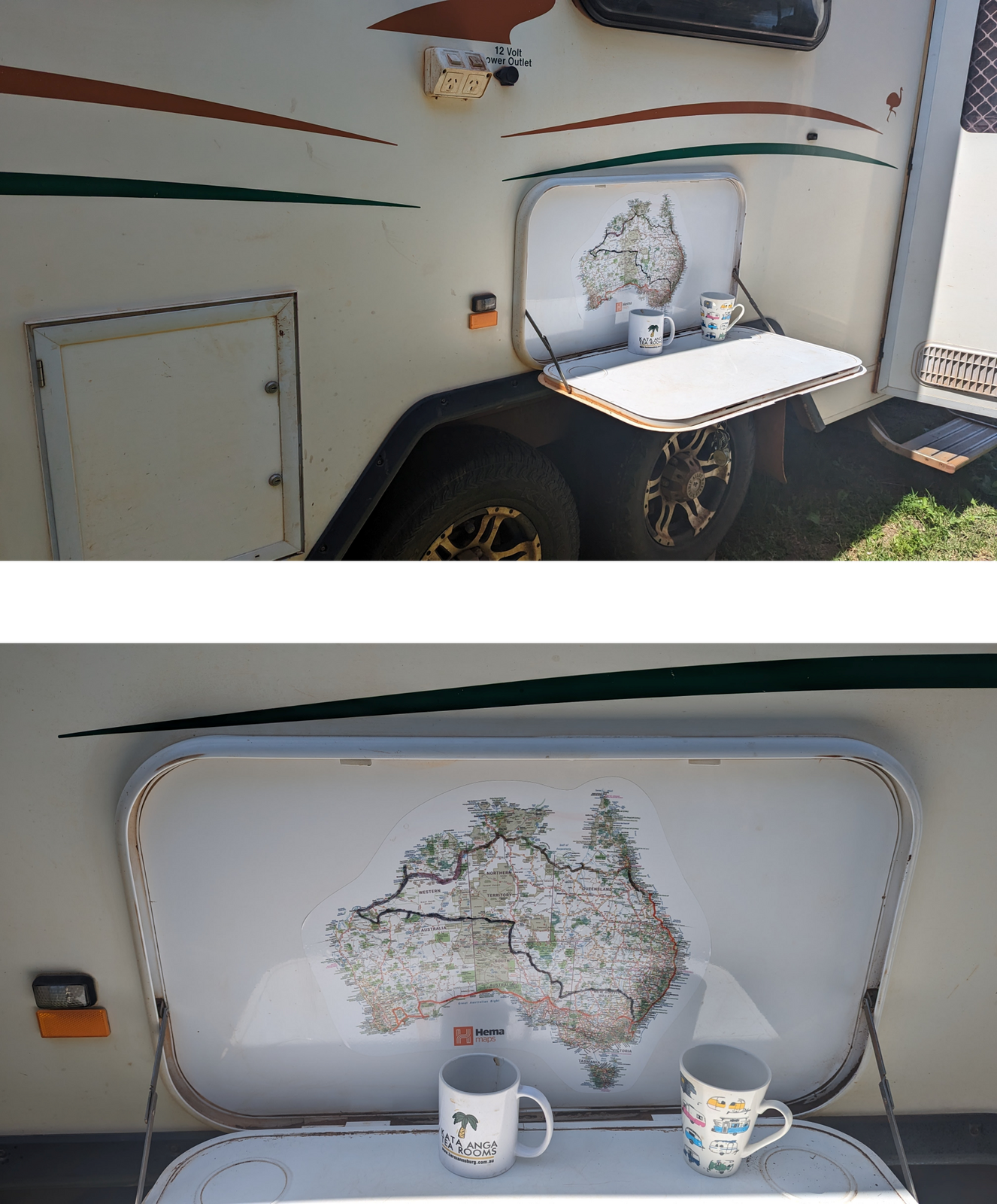 Hema map of Australia sticker on a caravan fold-down table with two mugs