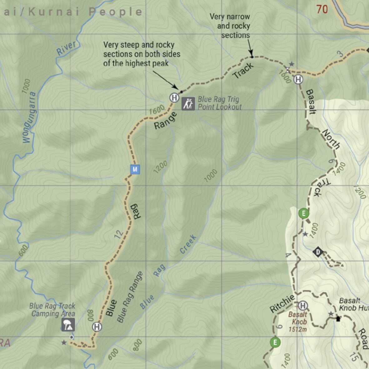 Close-up of the Hema map showing the Blue Rag Range Track with notes on steep and rocky sections