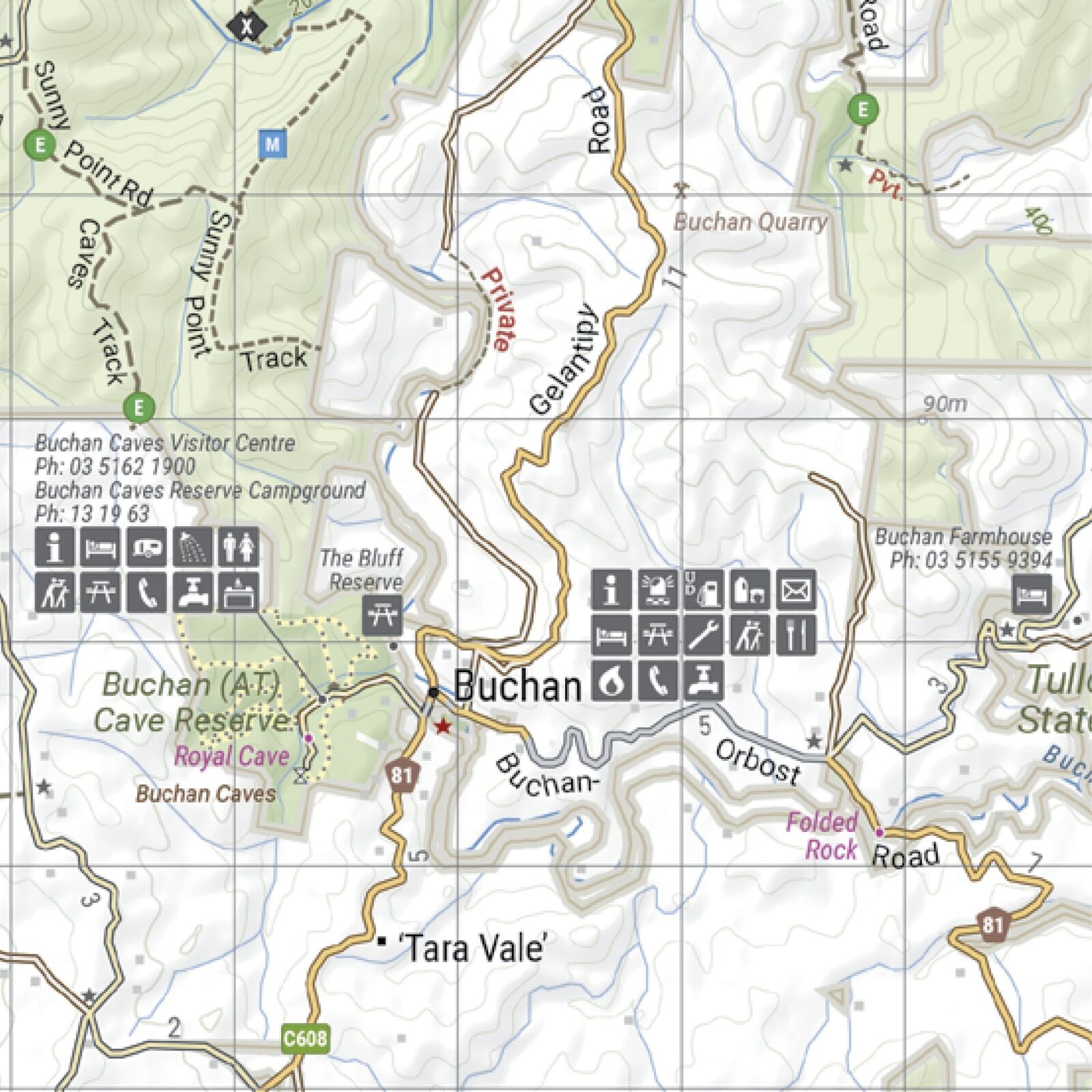 Close-up of the Hema map around Buchan showing the Buchan Caves Reserve, campground and nearby tracks
