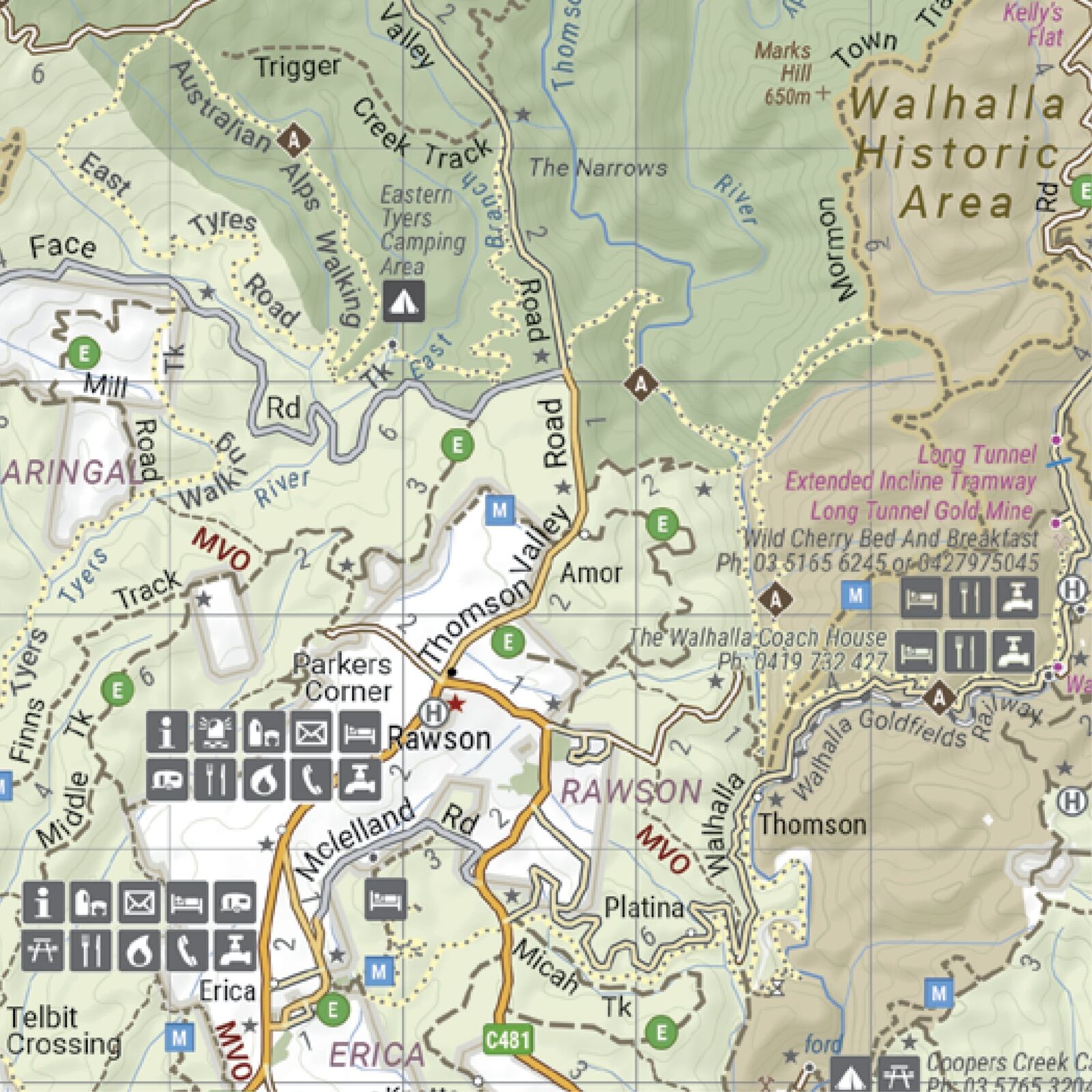 Close-up of the Hema map around Walhalla, Rawson and Erica showing camps, huts and tracks