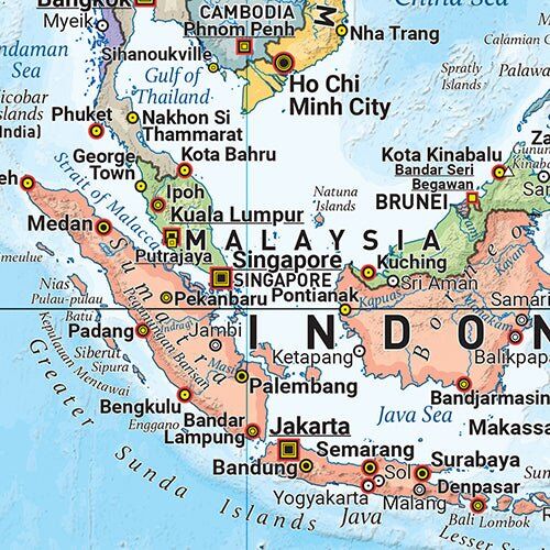 Close-up of the Hema World Political map showing Malaysia, Singapore and Indonesia