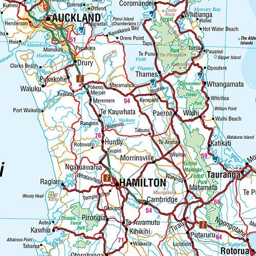 Close-up of the Hema New Zealand map from Auckland south to Hamilton, Tauranga and Rotorua