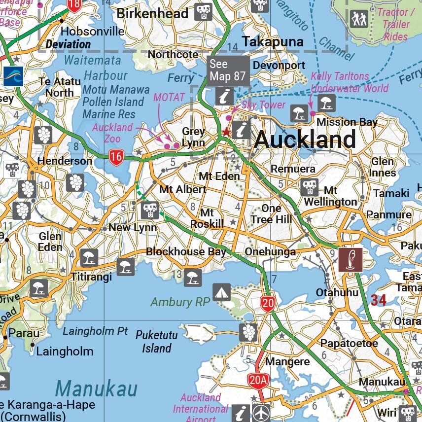 Close-up of the Hema Auckland city map showing motorways, ferries and attractions