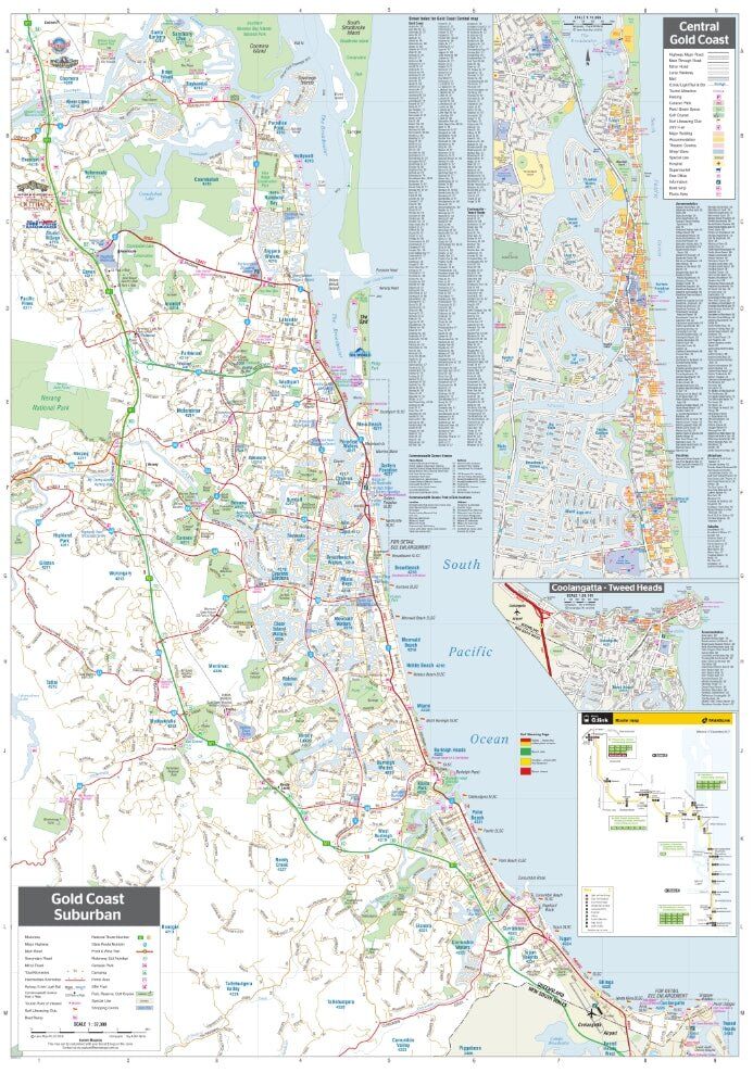 Reverse side of the Hema Gold Coast map with the suburban map, Central Gold Coast and Coolangatta to Tweed Heads maps